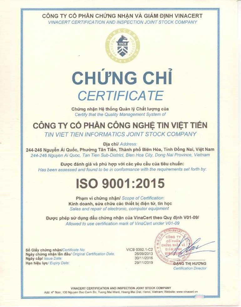 Tin Việt Tiến Nhận Chứng Chỉ ISO 9001:2015