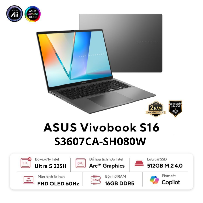 Laptop Asus Vivobook S S16 Ultra 5 225H/16GB/512GB/16'' WUXGA/Win11/Gray/Vỏ nhôm (S3607CA-SH080W)